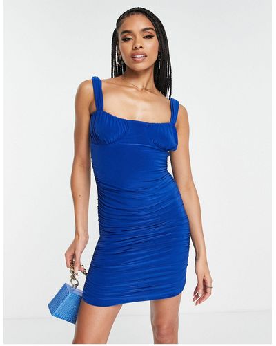 Femme Luxe Ruched Bust Mini Bodycon Dress - Blue