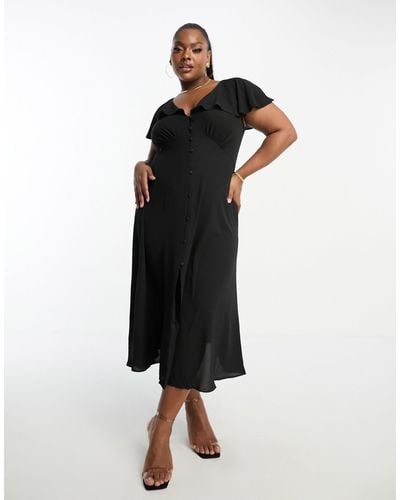 ASOS Asos Design Curve Flutter Sleeve Midi Tea Dress With Buttons - Black