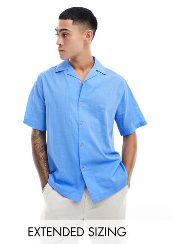 ASOS Short Sleeve Relaxed Revere Collar Linen Look Shirt - Blue
