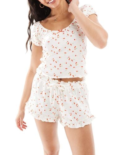 ASOS Mix & Match Cherry Print Frill Edge Pyjama Shorts - White