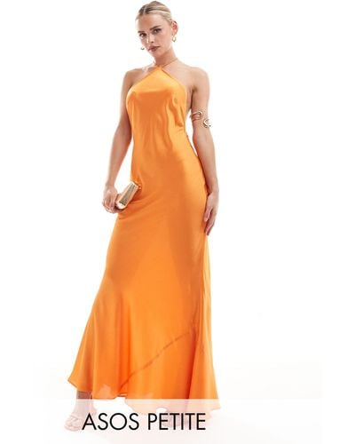 ASOS Asos Design Petite Satin Halter Maxi Dress With Shaped Back Detail - Orange