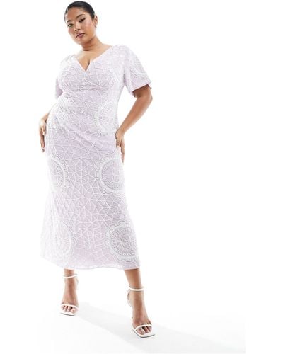 ASOS Asos Design Curve Exclusive Flutter Sleeve Circular Embellished Plunge Midi Dress - White
