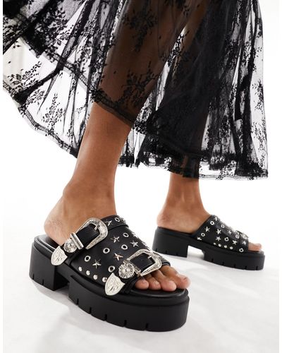 Public Desire Maverick - sandali con tacco neri con suola spessa e dettagli - Nero