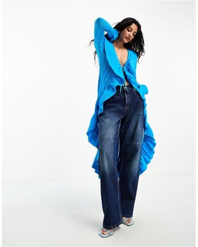 Annorlunda Pointelle Ruffle Knitted Midaxi Dress - Blue