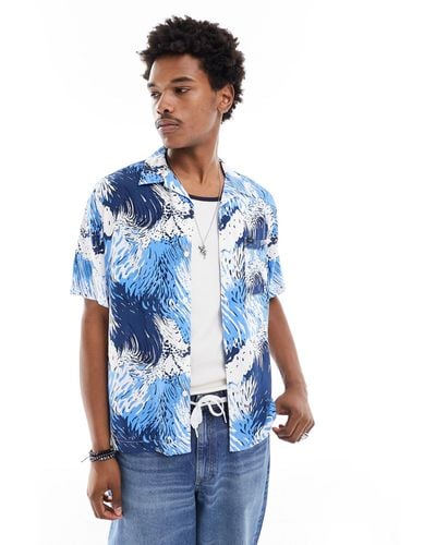 Lee Jeans Short Sve Revere Collar Wave Print Resort Shirt Relaxed Fit - Blue