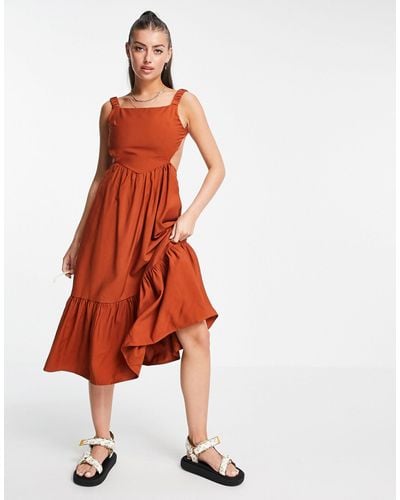 Fashion Union Backless Midi Smock Dress With Ruffle Detail - Brown