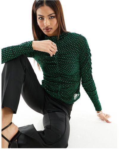 Y.A.S High Neck Glitter Mesh Top - Green