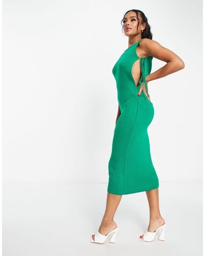 Fashionkilla Knitted Midi Dress With Tie Side Detail - Green