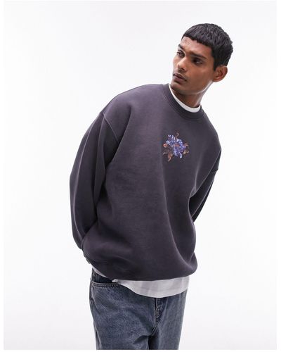 TOPMAN Oversized Fit Sweatshirt With Painted Floral Print - Blue