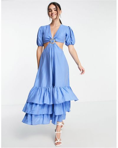 ASOS Midi-jurk Met Uitsnijding, Lijfje Met Ringdetail En Ruches Aan - Blauw