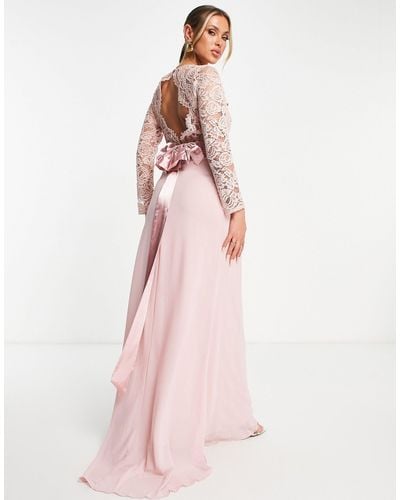 TFNC London Bridesmaids Chiffon Maxi Dress With Lace Scalloped Back And Long Sleeves - Pink