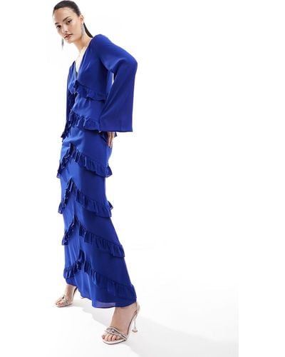 Pretty Lavish Long Sleeve Ruffle Maxi Dress - Blue