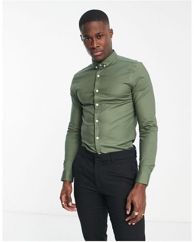 New Look Long Sleeve Muscle Fit Oxford Shirt - Green