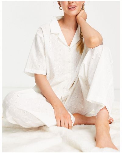 TOPSHOP Pyjamaset Met Overhemd En Broek Van Broderie - Wit