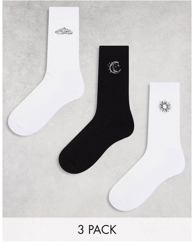 ASOS Confezione da 3 paia di calzini alla caviglia bianchi con ricami celestiali - Bianco