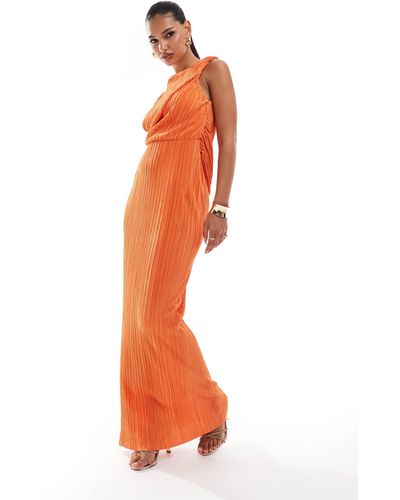 ASOS Plisse High Neck Sleeveless Midi Dress With Drape Sash Detail - Orange