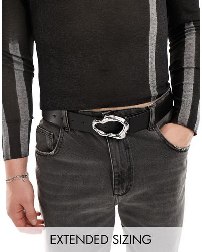 ASOS Faux Leather Belt With Silver Mottled Buckle - Black