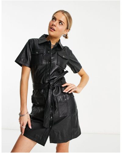 Urbancode Leather Shirt Dress With Tie Waist - Black