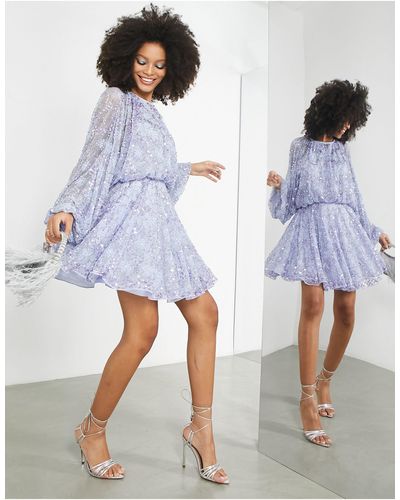 ASOS Waisted Blouson Sleeve Floral Embellished Mini Dress - Blue