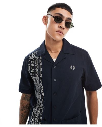 Fred Perry Embroidered Revere Collar Shirt - Blue