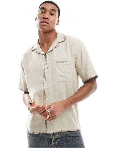 Abercrombie & Fitch Linen Blend Stitch Edge Short Sleeve Shirt Relaxed Fit - Natural