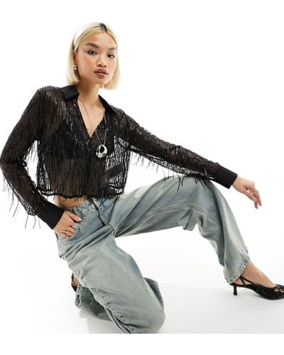 ONLY Sequin Blouse With Satin Trim - Metallic