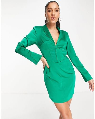 Pretty Darling Satin Corset Detail Dress - Green