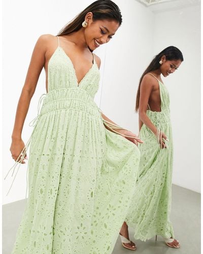 ASOS Broderie Cami Maxi Dress With Ruched Waist - Green
