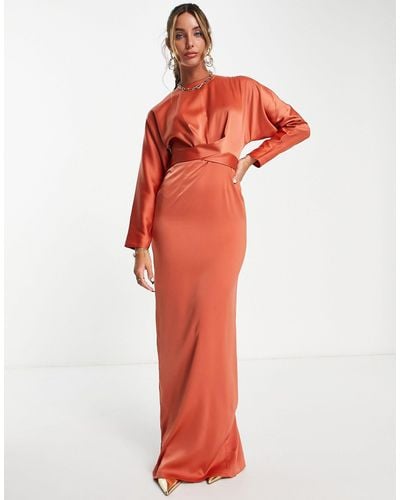 ASOS Satin Maxi Dress With Batwing Sleeve And Wrap Waist - Multicolour