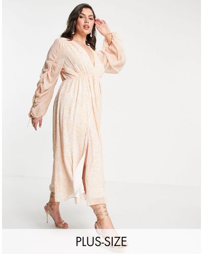 Forever New Plunge Midaxi Dress With Ruched Tie Sleeve - Natural