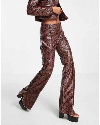 Bershka Faux Leather Snake Effect Co-ord Flare Pants - Brown