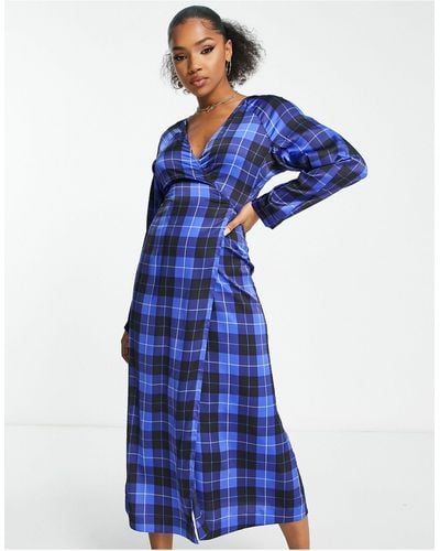 Monki Satin Wrap Midi Dress - Blue