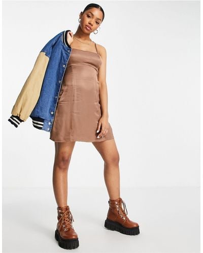 Pull&Bear Cami Mini Satin Slip Dress - Brown