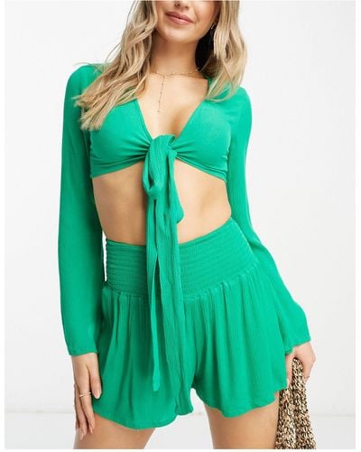 South Beach Tie Front Beach Crop Top And Shorts Set - Green