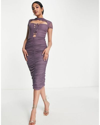 ASOS Cut Out Lace Up Ruched Mesh Midi Dress - Purple