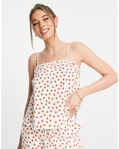 ASOS Mix & Match Linen Floral Pajama Cami With Frill - White