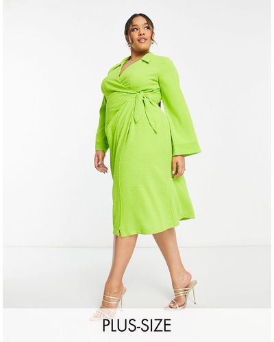 Closet London Plus Vestito camicia midi avvolgente color lime - Verde