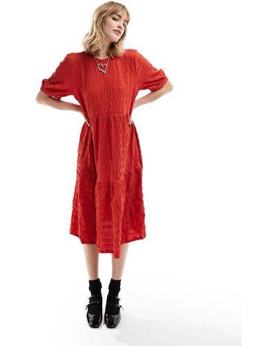 Monki Tie Textu Midi Smock Dress - Red