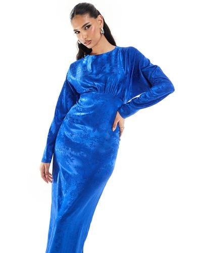 Flounce London Satin Maxi Dress With Kimono Sleeve - Blue