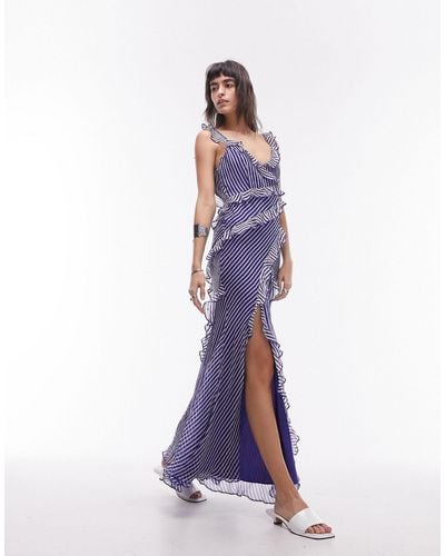 TOPSHOP Premium - robe longue à rayures et volants - bleu/ivoire - Violet