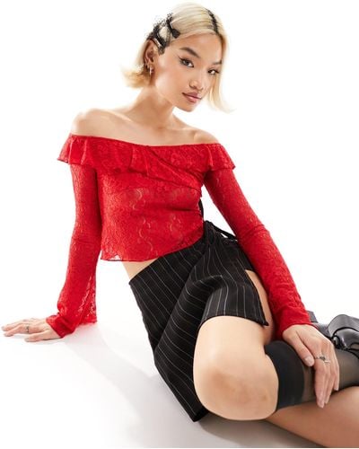 Motel Off-shoulder Lace Long Sleeve Top - Red