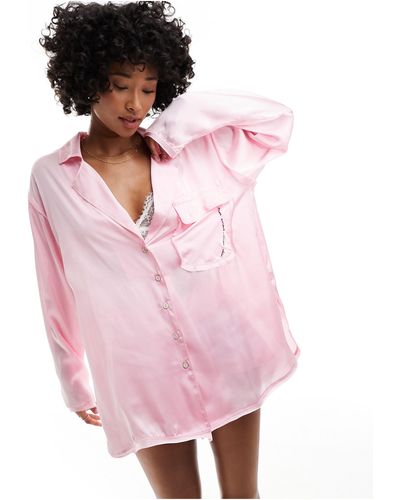 Free People – langärmliges pyjama-hemd aus satin - Pink