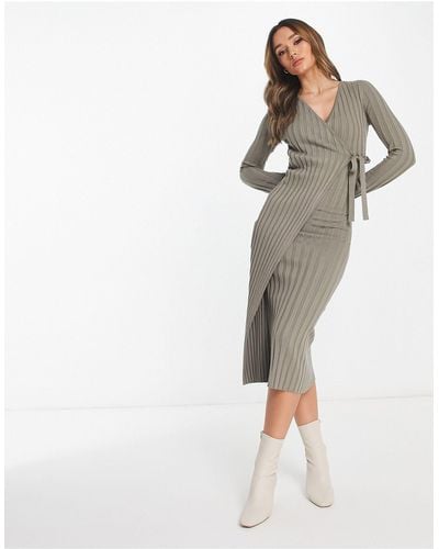 Pretty Lavish Ribbed Plisse Wrap Midi Dress - Grey