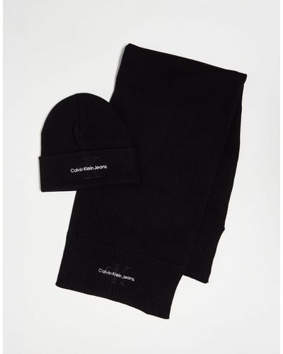 Calvin Klein Monogram Beanie And Scarf Set - Black