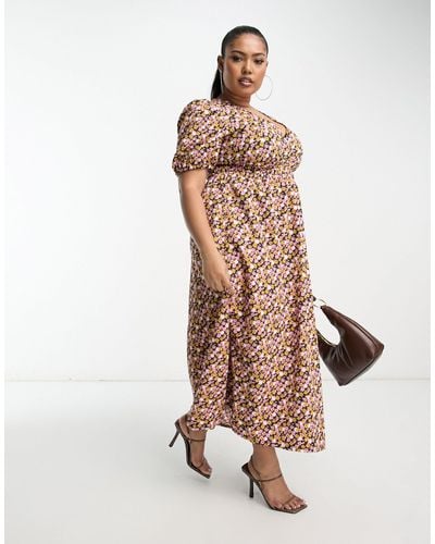 ASOS Asos Design Curve Shirred Waist Midi Tea Dress With Volume Sleeve - Multicolor