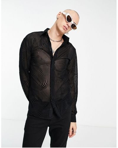 Twisted Tailor Torrance - Smal Overhemd Met Geflockt Golvend Patroon - Zwart