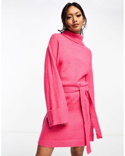 Vila Roll Neck Mini Sweater Dress With Tie Waist - Pink
