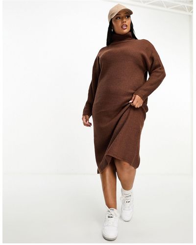 Brave Soul Plus - emma - robe longue en maille à col roulé - marron chocolat