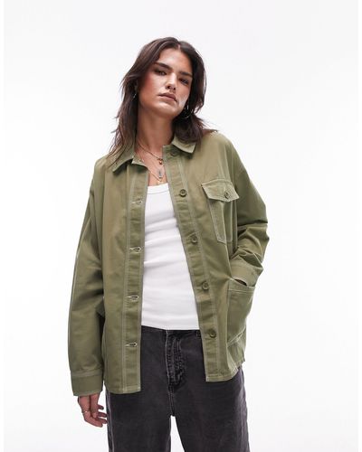 TOPSHOP Camicia giacca da lavoro kaki con cuciture a contrasto - Verde