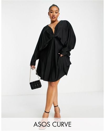 ASOS Asos Design Curve Batwing Satin Mini Dress With Bias Cut Skirt And Tie Back - Black